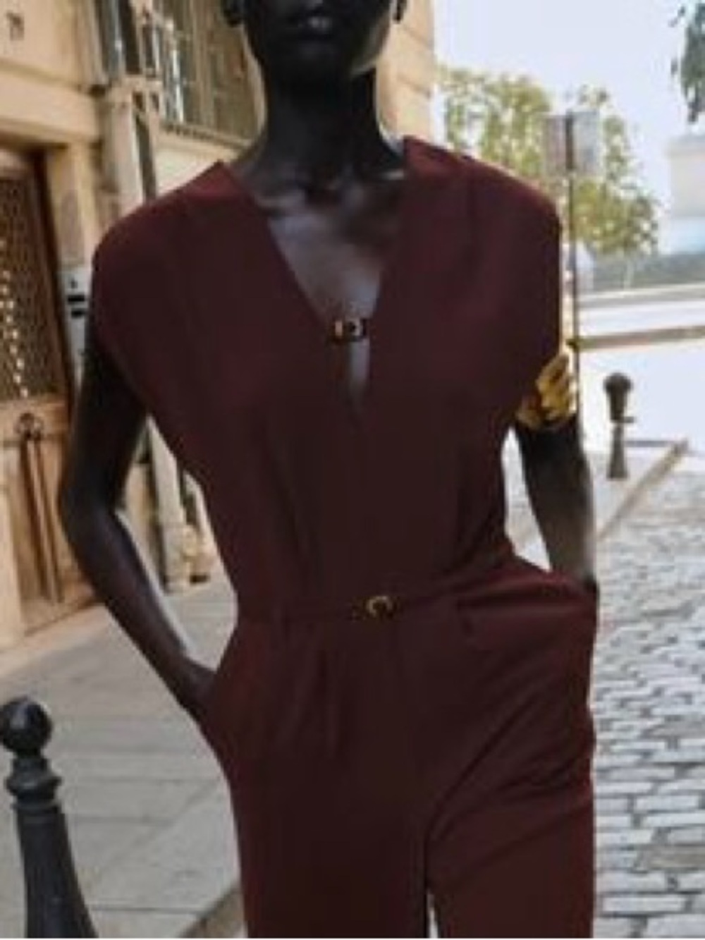 Zara Wide-Leg Belted Jumpsuit Maroon Size Small Elegant V-Neck Wide Leg - Picture 3 of 16